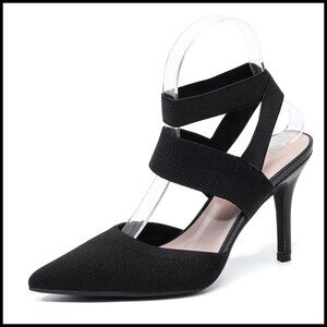 Knit Mesh Slingback Stiletto Sandals Elegant Ankle Strap Pointed Toe Heels